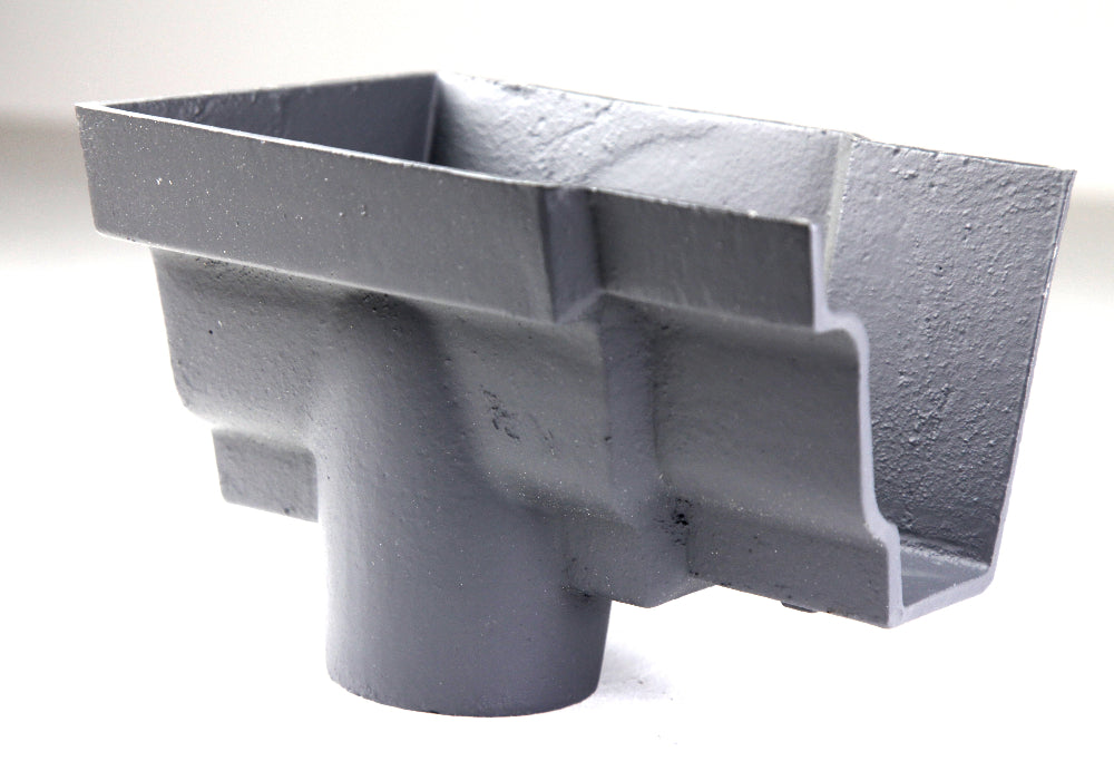 A gray cast iron internal gutter dropend with a smooth solid finish.