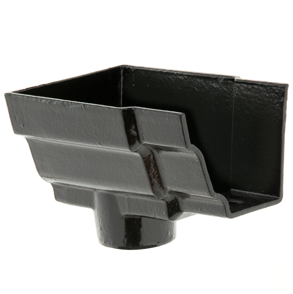 A black cast iron internal gutter dropend designed for use with Hargreaves Foundry Premier H16 Gutters.