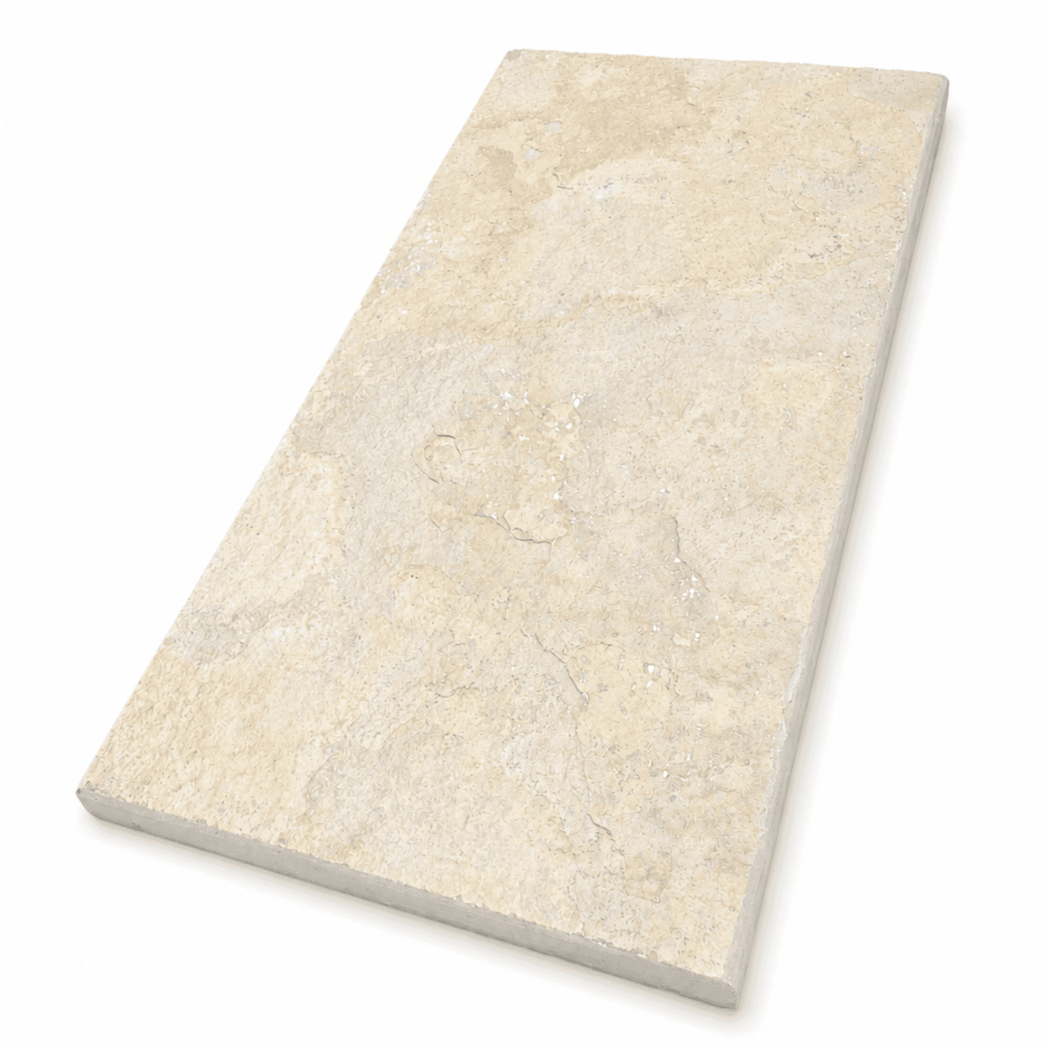A rectangular natural stone tile with a light beige and cream colour palette, featuring subtle earthy veining and a textured surface, shown at an angle on a white background.