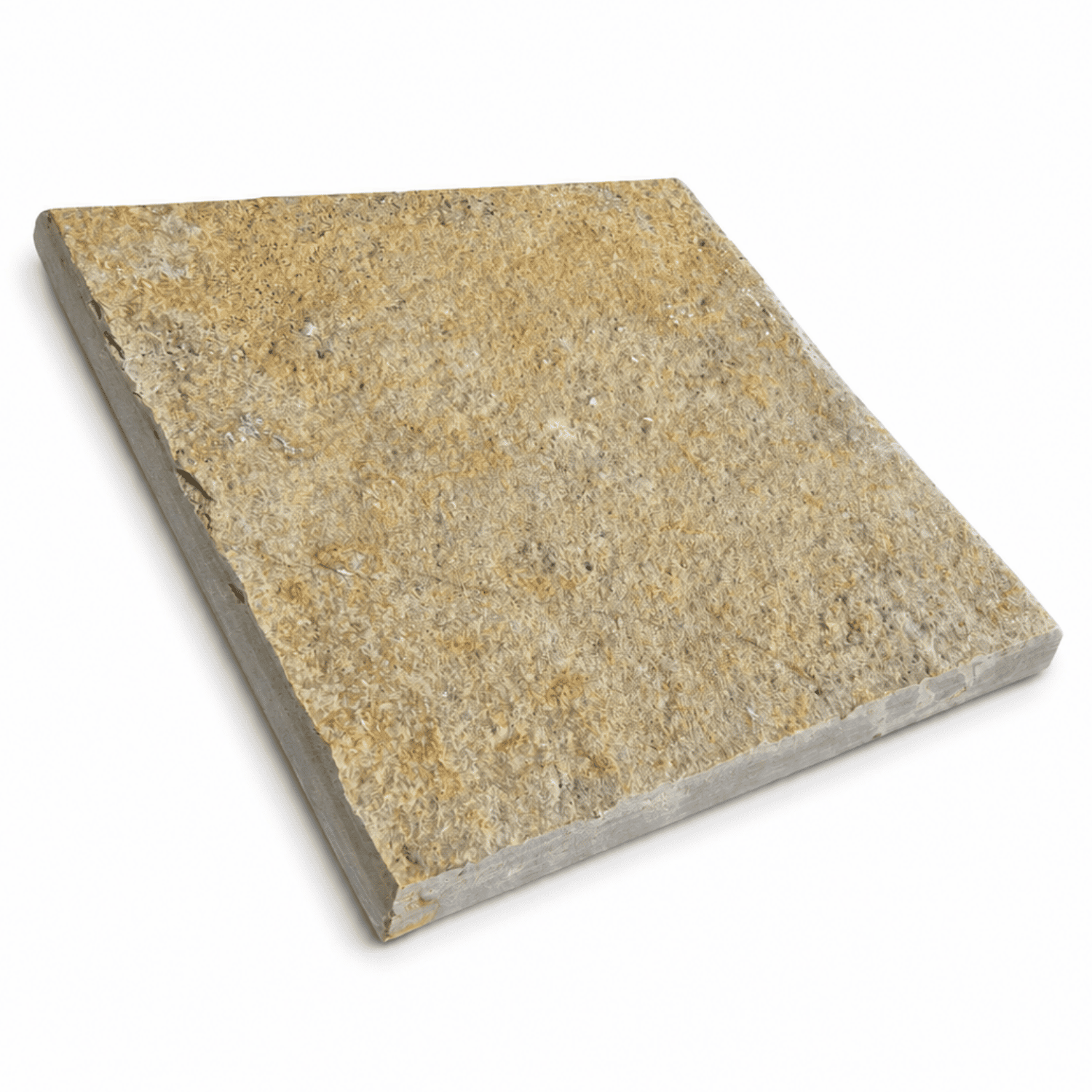 A square natural stone tile with a textured surface in shades of beige, tan, and light brown, showing a gray stone edge, photographed on a solid white background.