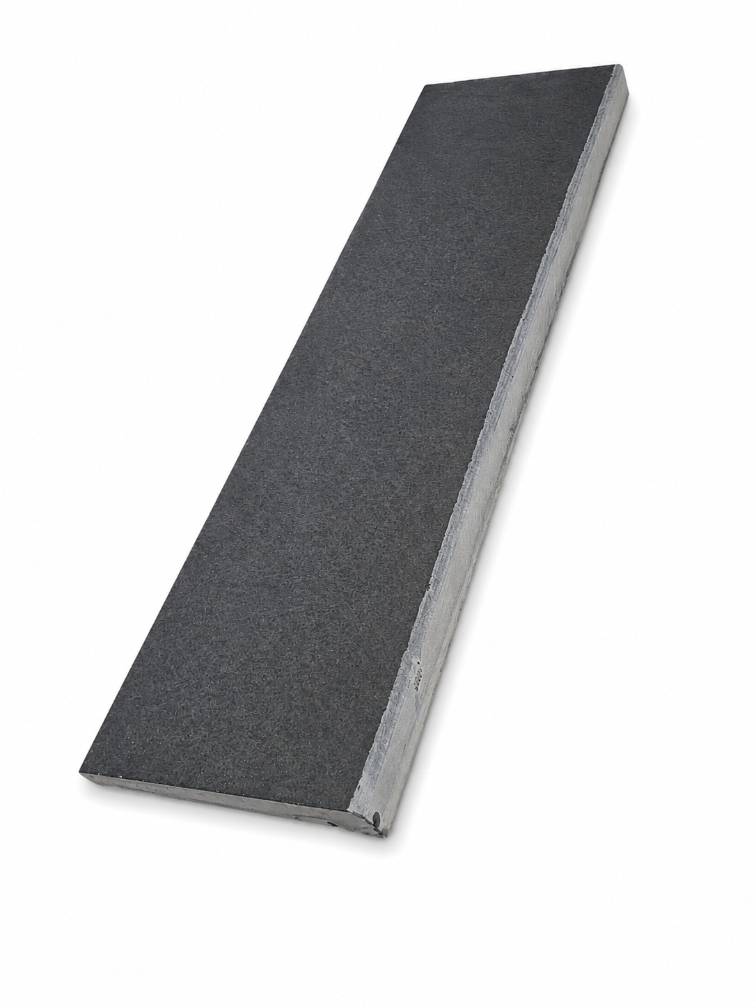 A rectangular dark grey sharpening stone with a textured abrasive surface and a silver metal edge, shown at an angle on a white background.
