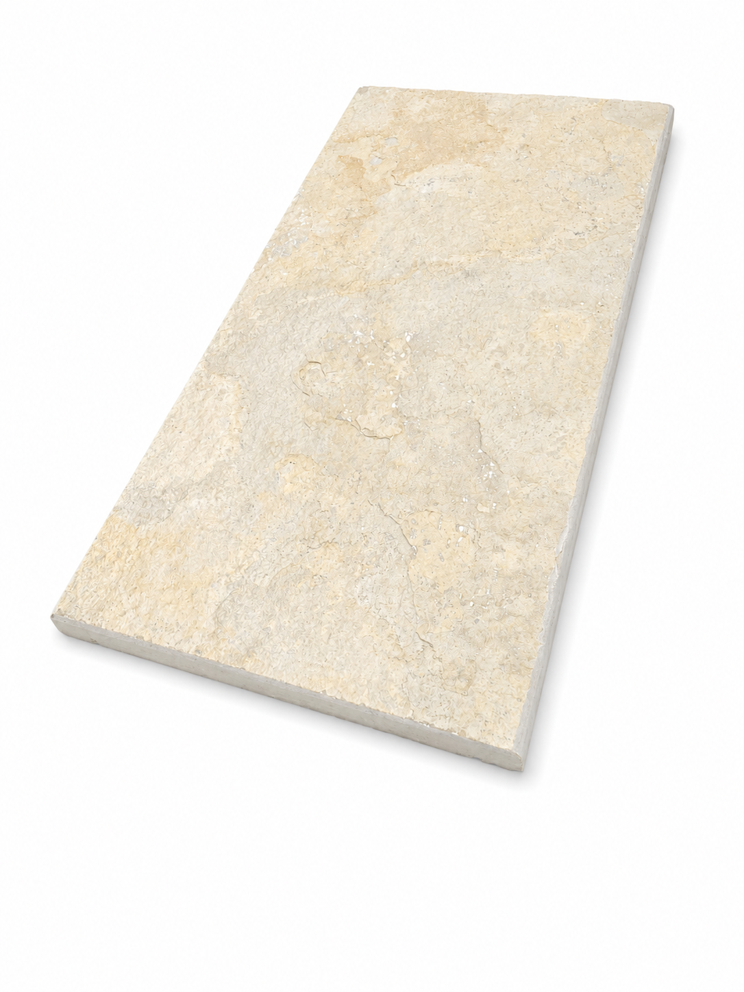 A rectangular natural stone tile in a light beige and cream colour with subtle earthy marbling, shown at an angle on a white background.