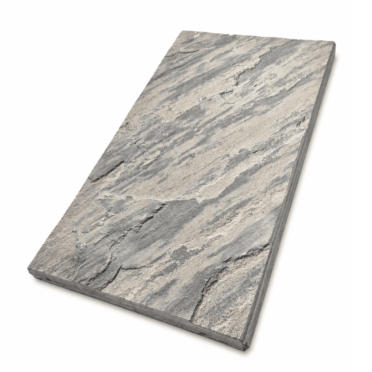A rectangular stone tile with a textured gray and beige marble-like pattern, shown at an angle on a white background.