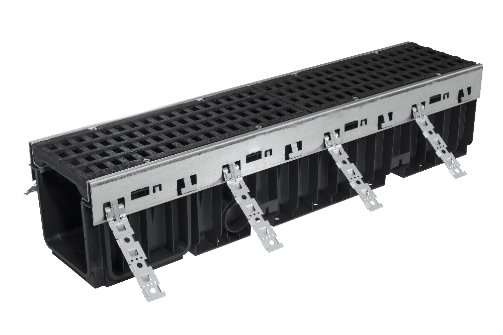 Black plastic drain grate with metal brackets on a white background