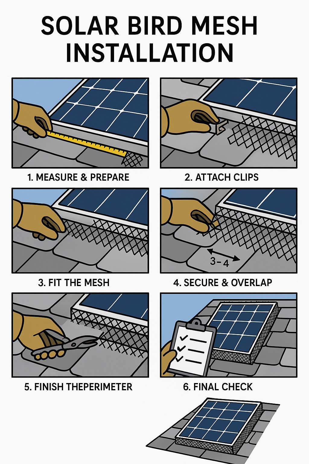 Step-by-step guide to installing solar bird mesh with labeled steps.