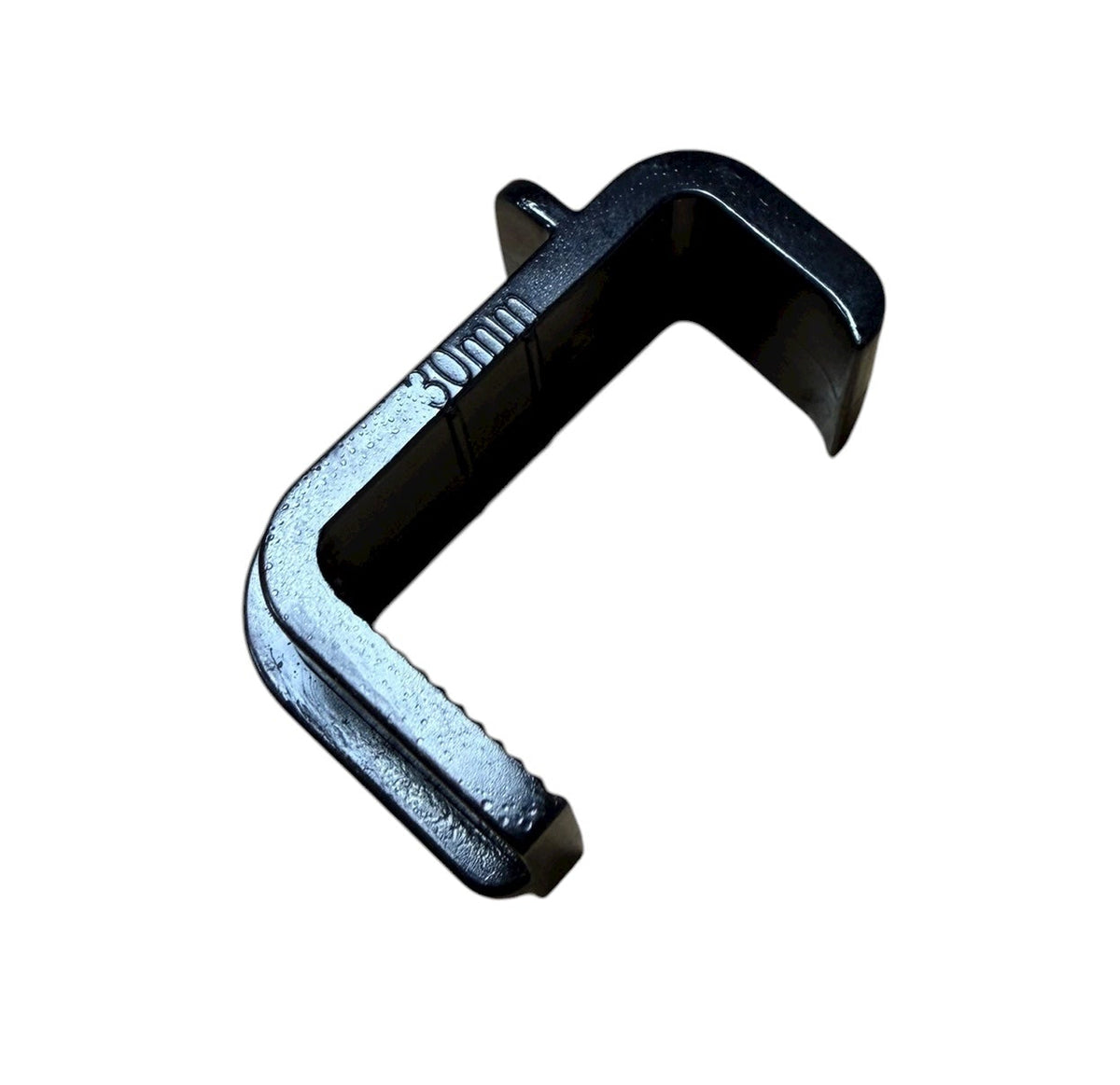 Black metal bracket with '30mm' marking on a white background