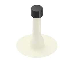 A white PVC roof vent with a black cup on top, featuring a smooth flange base and multiple duct ribs.