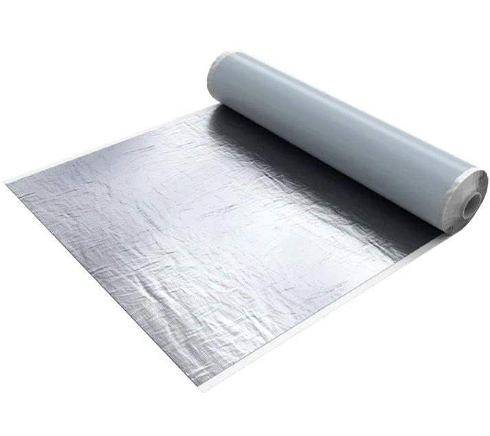 Eagle GR100 Self Adhesive Vapour Control Layer roll showing aluminium foil surface and bituminous underside