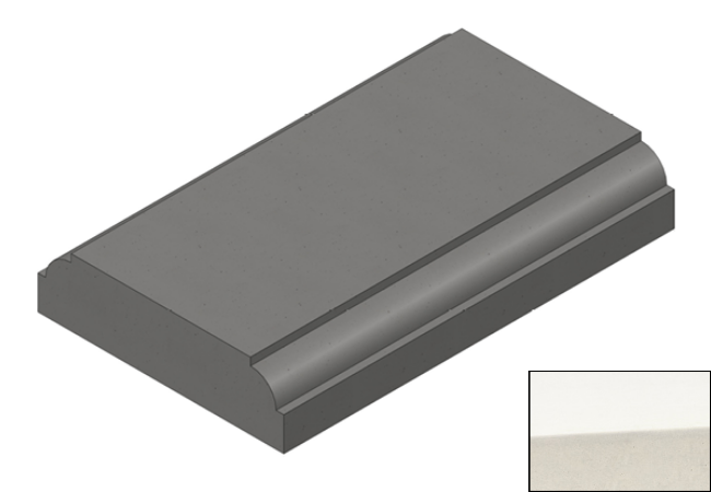 Computer generated flat top concrete coping stone with radius edges in white finish with colour swatch