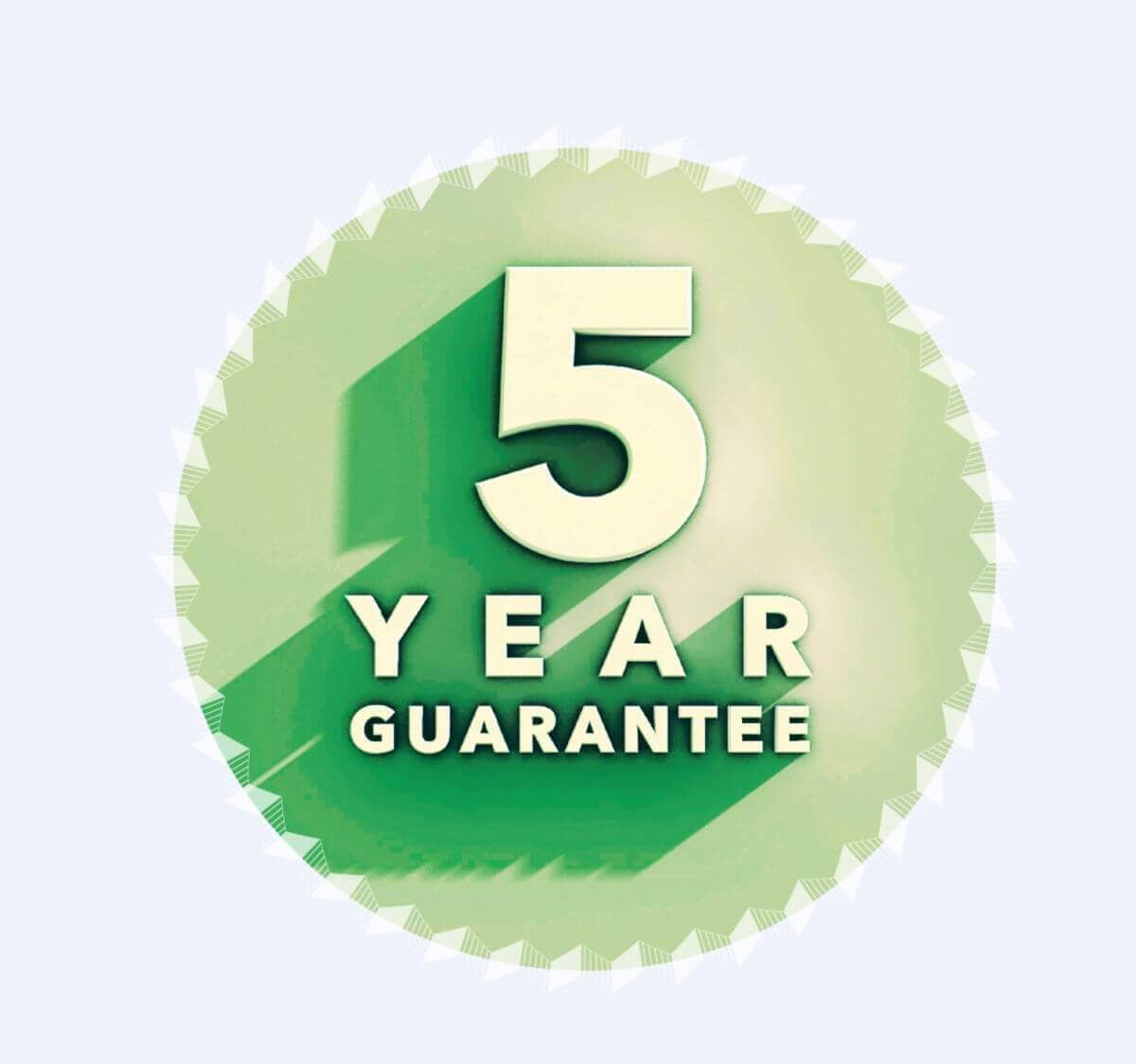 Green graphic displaying a 5-year material guarantee for KoverTek TekCryl.