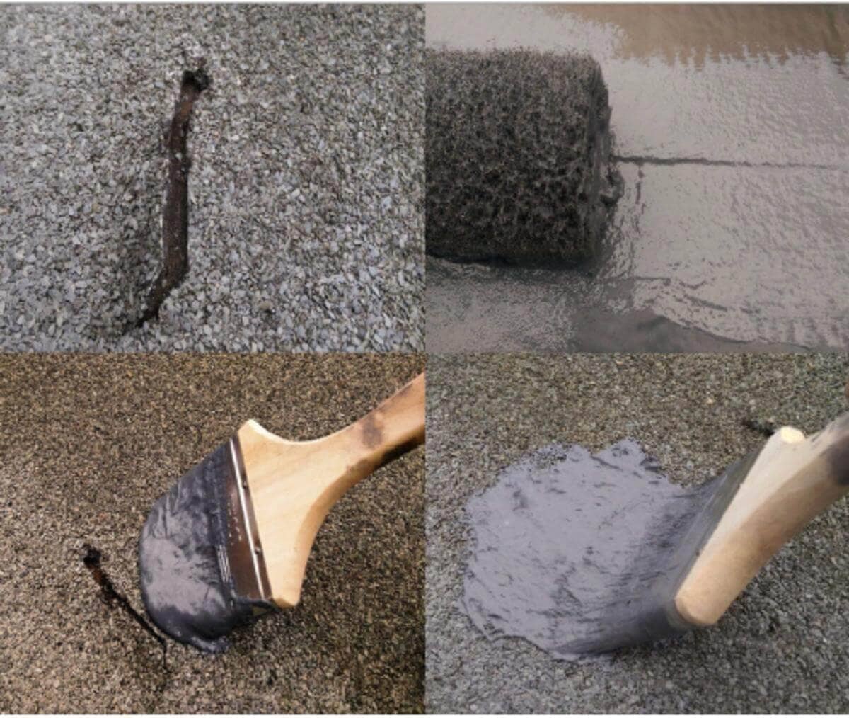 Four-image collage showing different stages of TekCryl roof repair application.