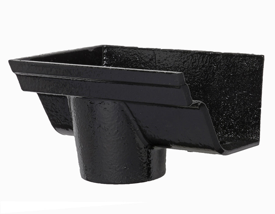 Black Hargeaves cast iron guttering dropend on a white background