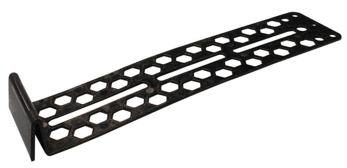 Black metal bracket with hexagonal holes on a white background