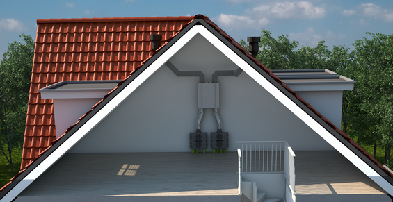 A 3D architectural rendering of a house's gable end, showing a white-painted wall with two gray electrical junction boxes mounted below the ridge, a tiled red roof, and a small porch with a white railing.