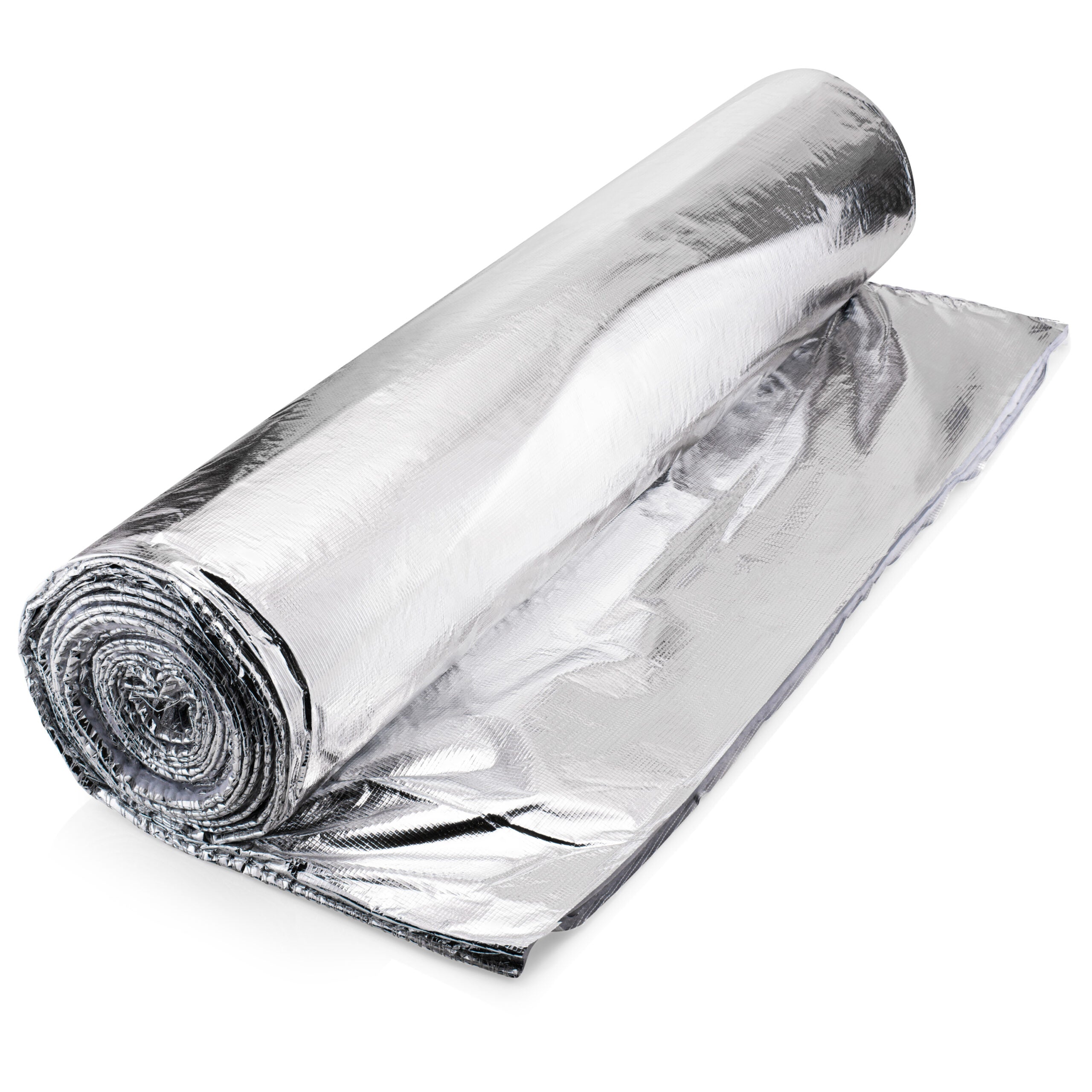 Roll of reflective insulation material on a white background