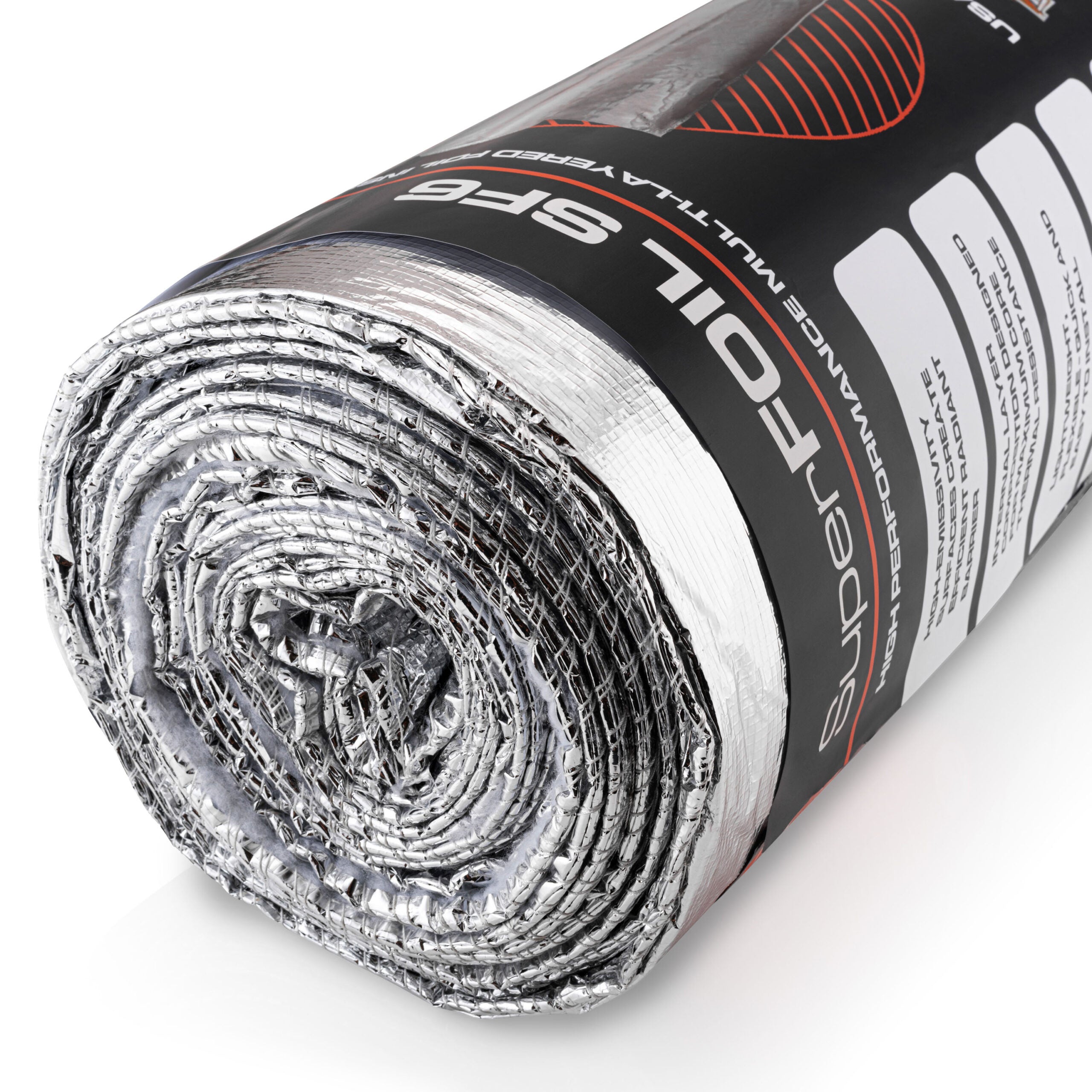 Roll of silver thermal insulation foil with packaging on a white background