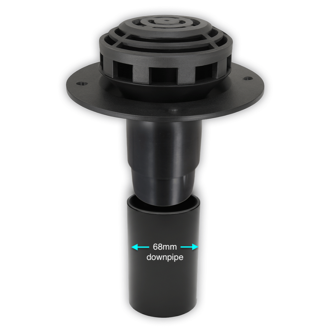 Black plastic roof drain assembly with a circular flange and downpipe connector, shown on a white background with a cyan dimension label reading 68mm downpipe.