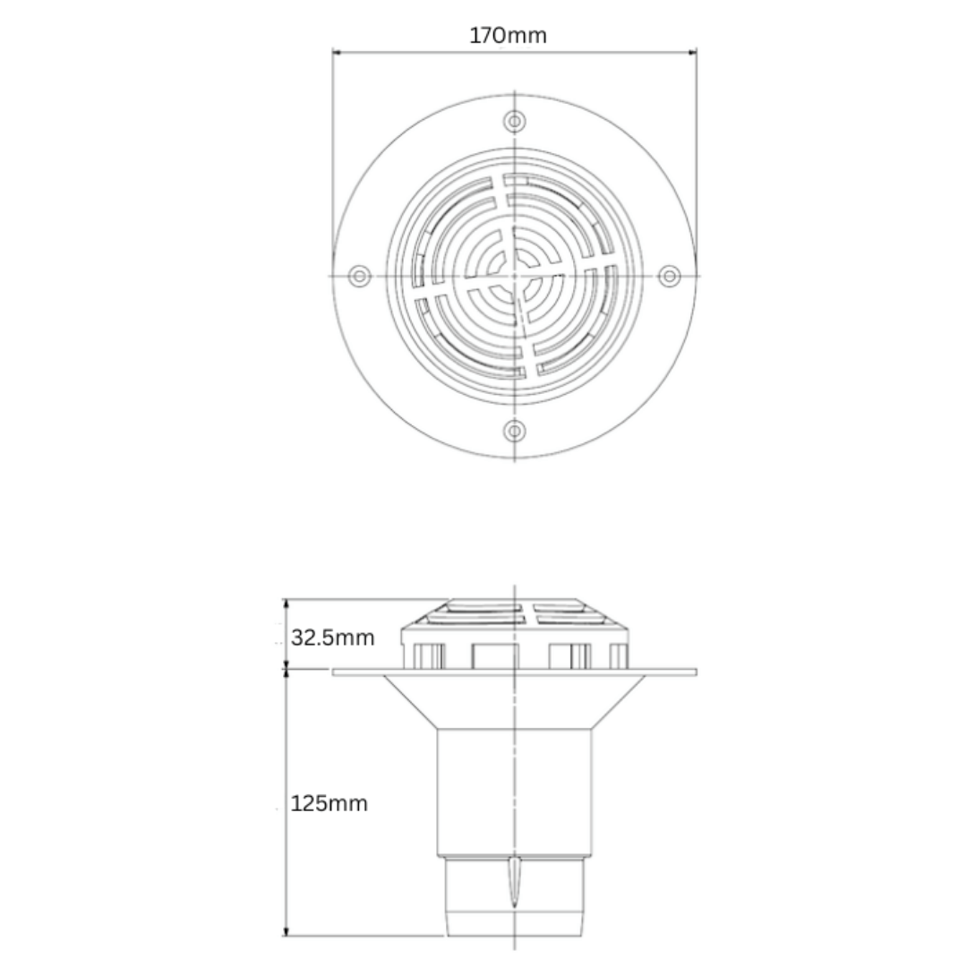 Technical dimension diagram of a round drainage or vent cover, showing a top-down view with a 170mm diameter and a side profile with 125mm height and 32.5mm width, on a white background.