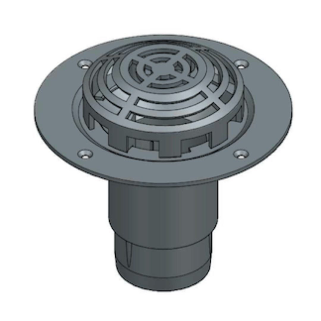 A 3D CAD rendering of a circular drain assembly with a circular flange, four mounting holes, and a central grate pattern, shown on a plain white background.