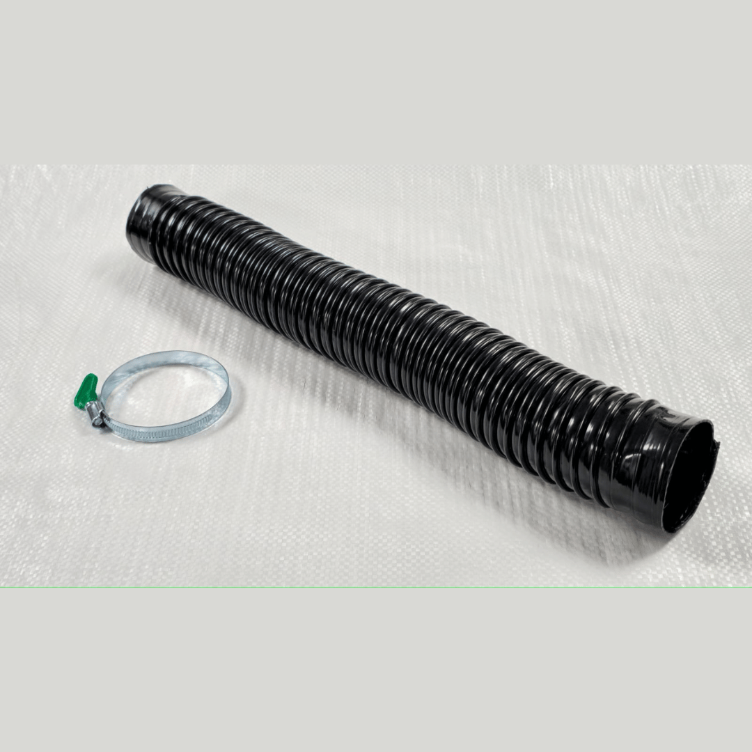 A black corrugated flexible hose with a silver metal clamp featuring a small green accent, displayed on a light grey textured background.