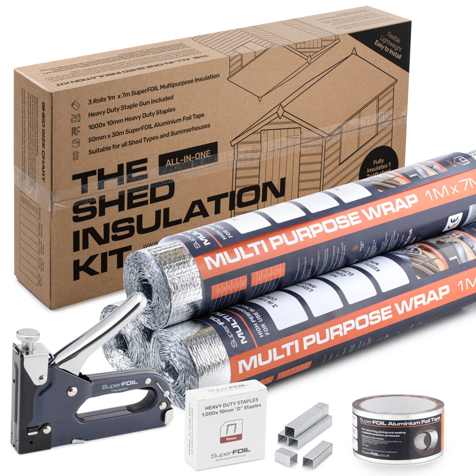 Shed insulation kit with rolls of multi-purpose wrap, staple gun, and other tools on a white background.