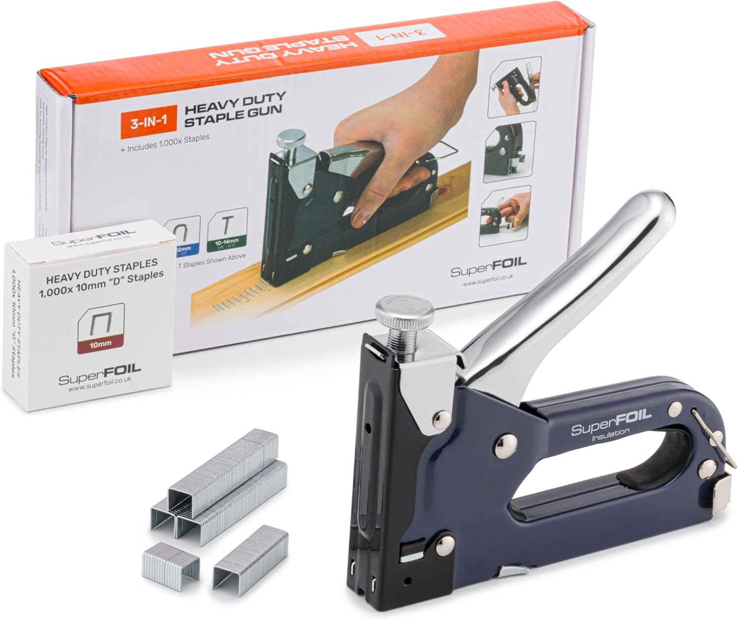 Heavy-duty staple gun with staples and packaging on a white background