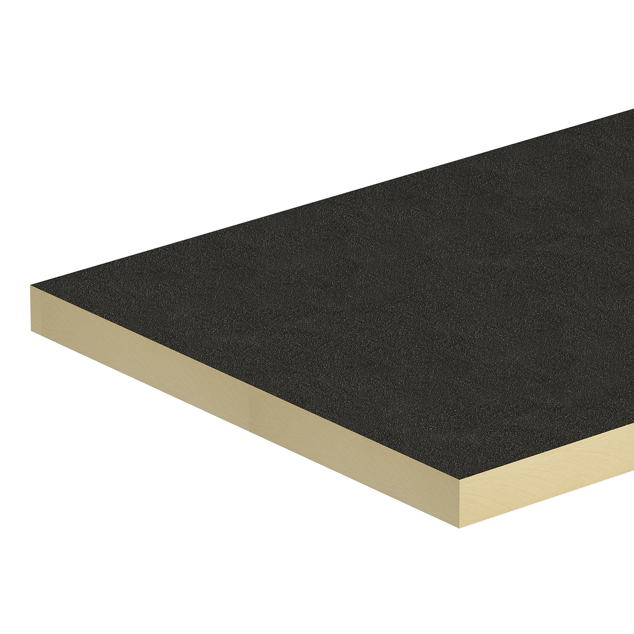 Close-up of Kingspan TR24 PIR insulation board with dark facing, showing foam core and clean edges.
