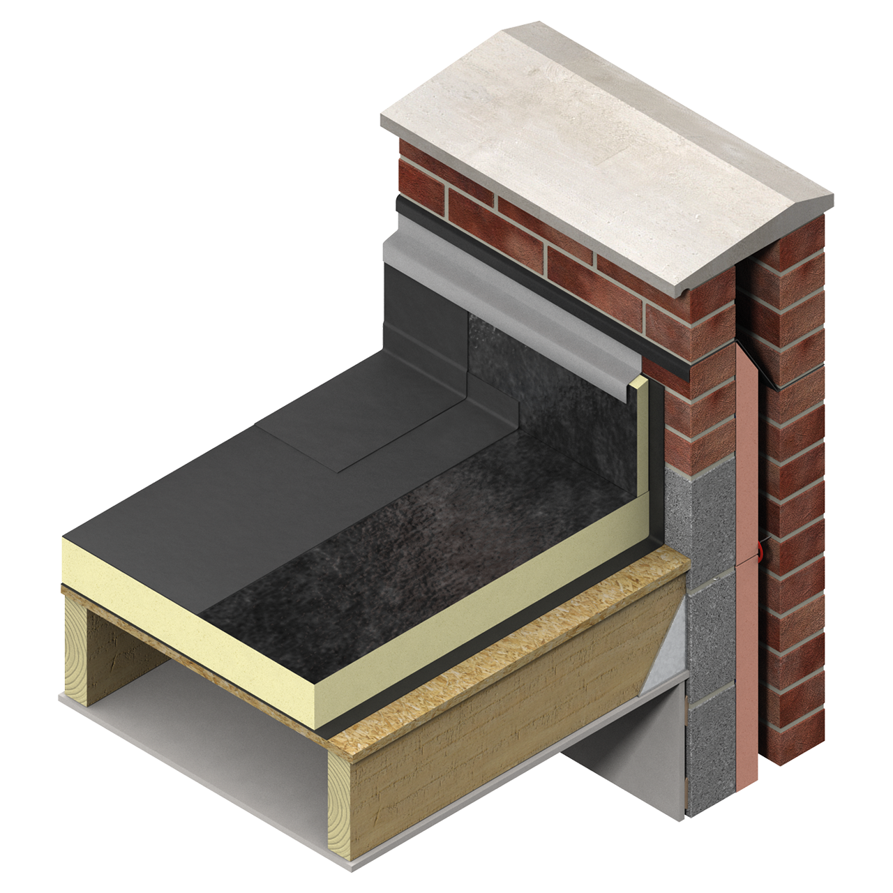 Flat roof build-up with Kingspan TR24 insulation over timber decking, including vapour control and waterproofing layers.