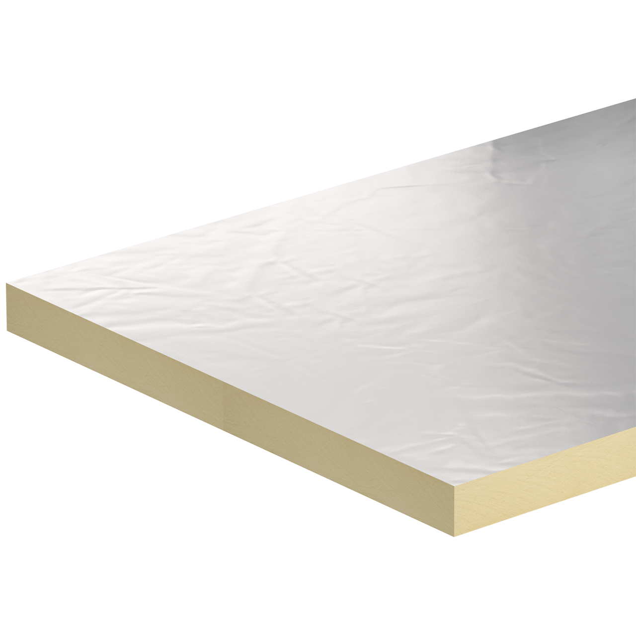 Close-up isometric view of a Kingspan Thermaroof TR26 PIR insulation board with foil facing and a visible rigid beige PIR core.
