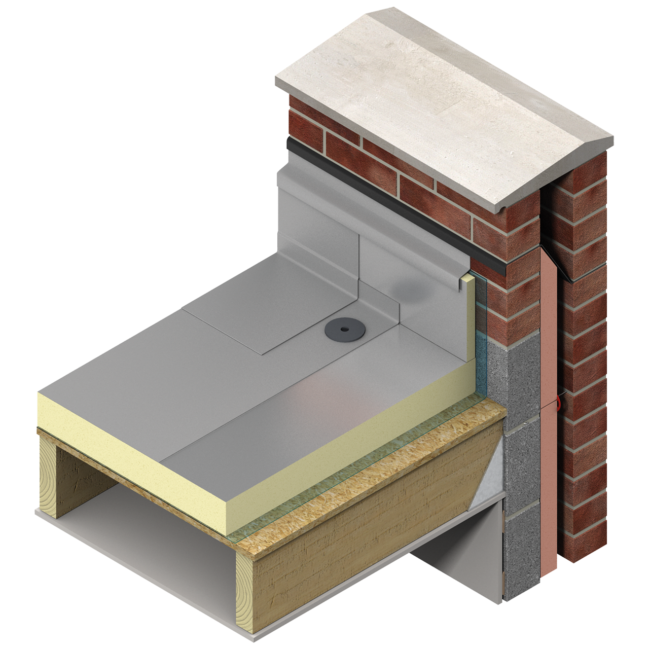 Flat roof build-up for a timber deck, showing Kingspan TR26 PIR insulation, vapour control layer, single-ply membrane, and brick parapet wall.