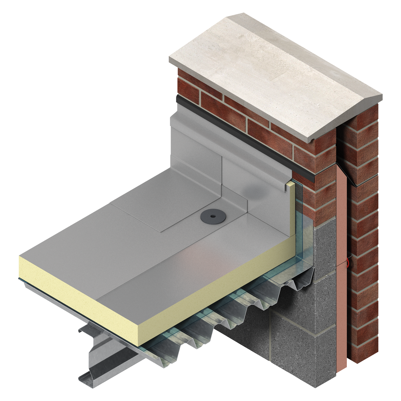 Cutaway view of a flat roof on a metal deck with TR26 PIR insulation, vapour control layer, and single-ply membrane extending up a parapet.