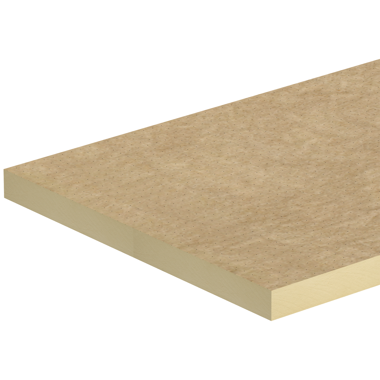 Close-up of a PIR insulation board showing a pale yellow foam core and light brown fibrous facing with a dotted texture.
