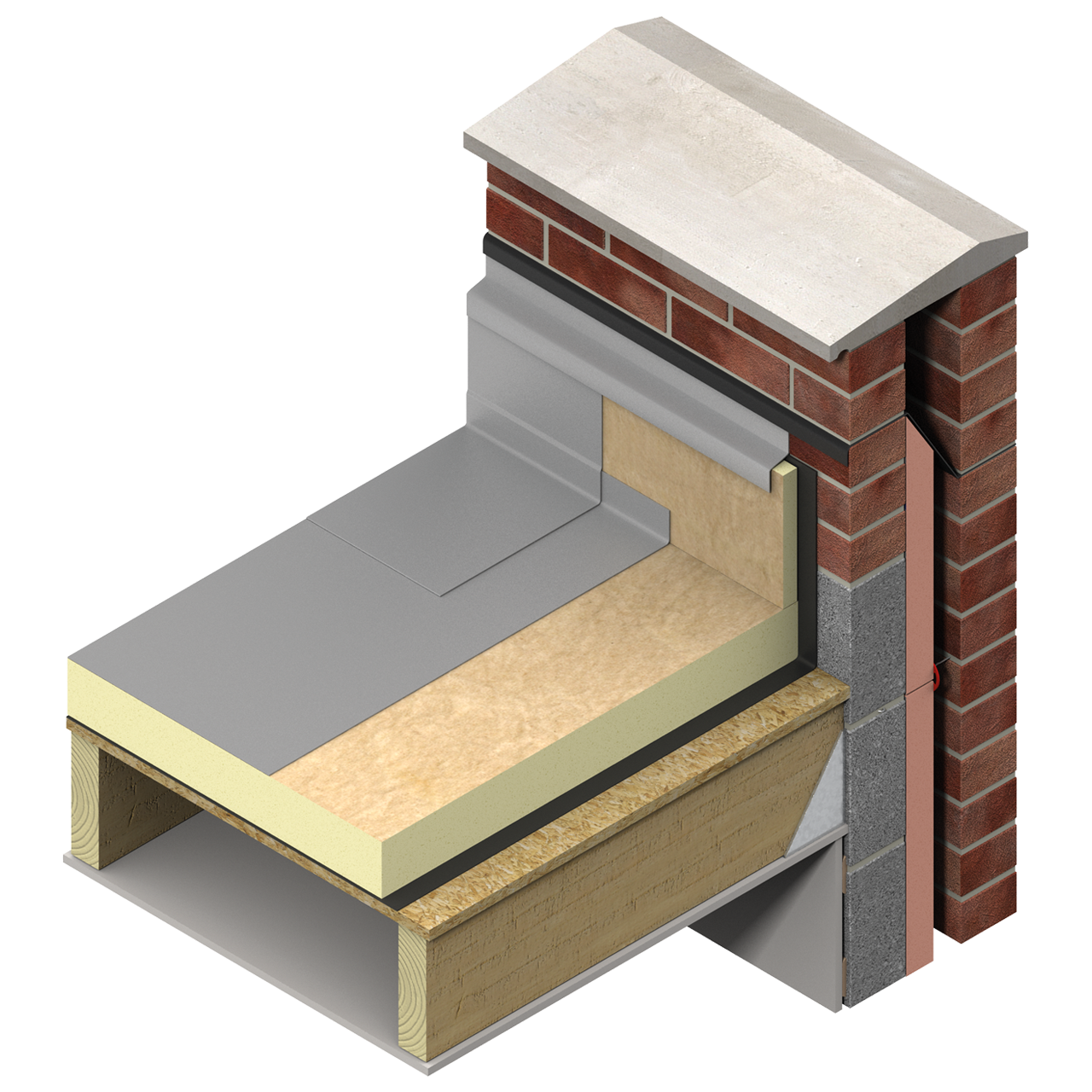 Cutaway view of a flat roof on a timber deck, with PIR insulation, vapour control layer, waterproof membrane, and brick parapet wall.