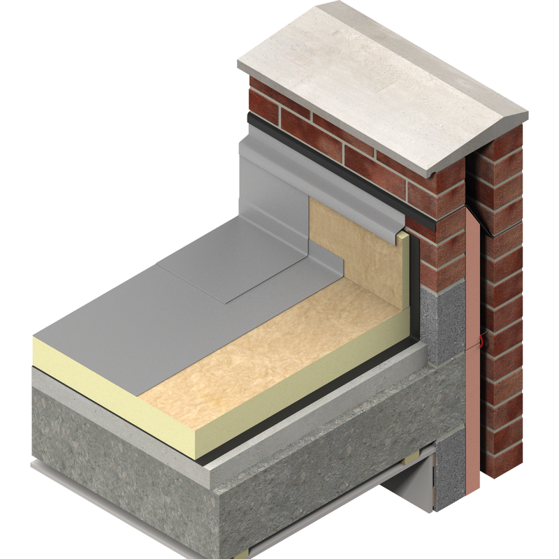 Cutaway of a flat roof build-up over a concrete deck, including PIR insulation, VCL, membrane, and a brick parapet with light copings.