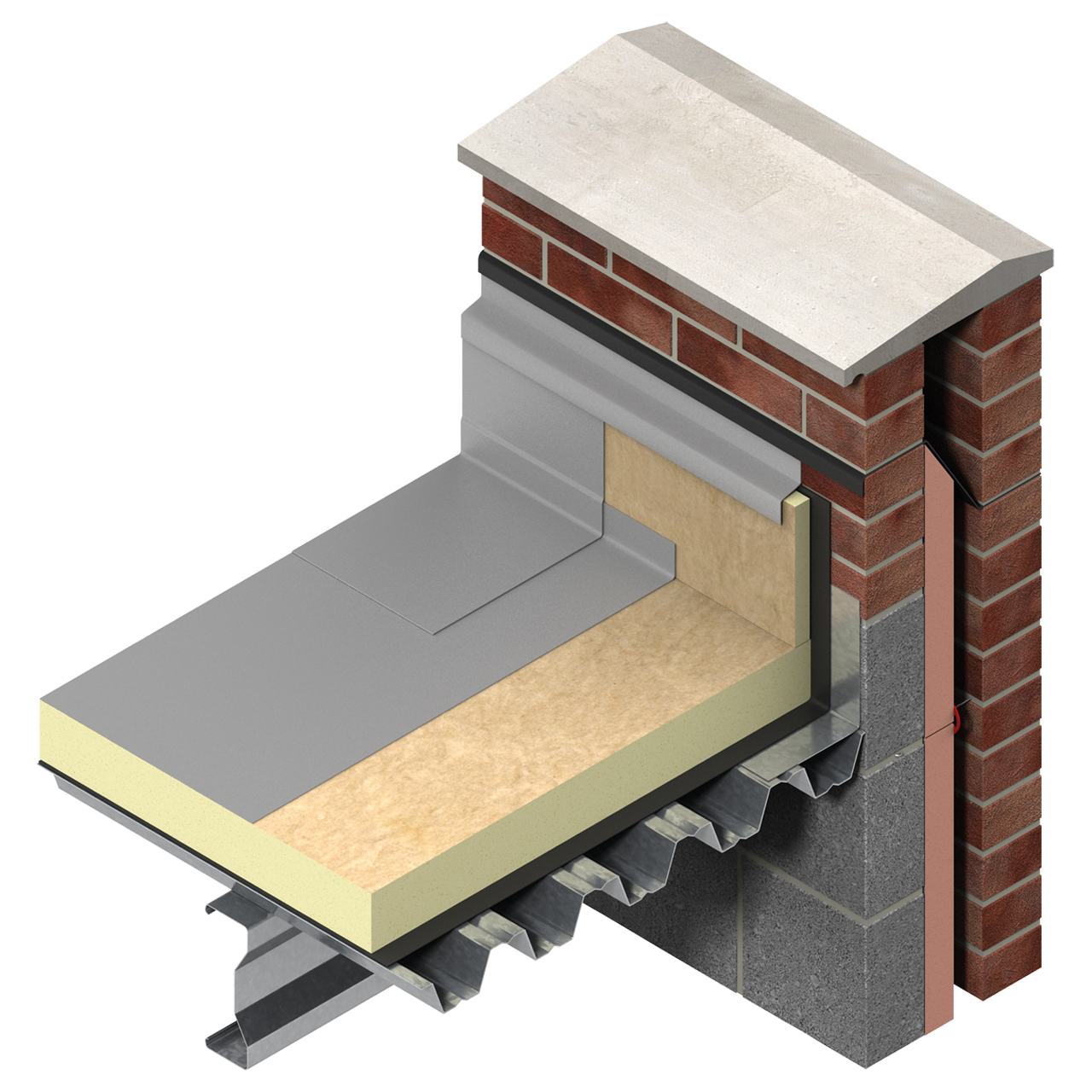 Isometric cutaway of a flat roof over a corrugated metal deck, with PIR insulation, vapour layer, membrane, and a red brick parapet.