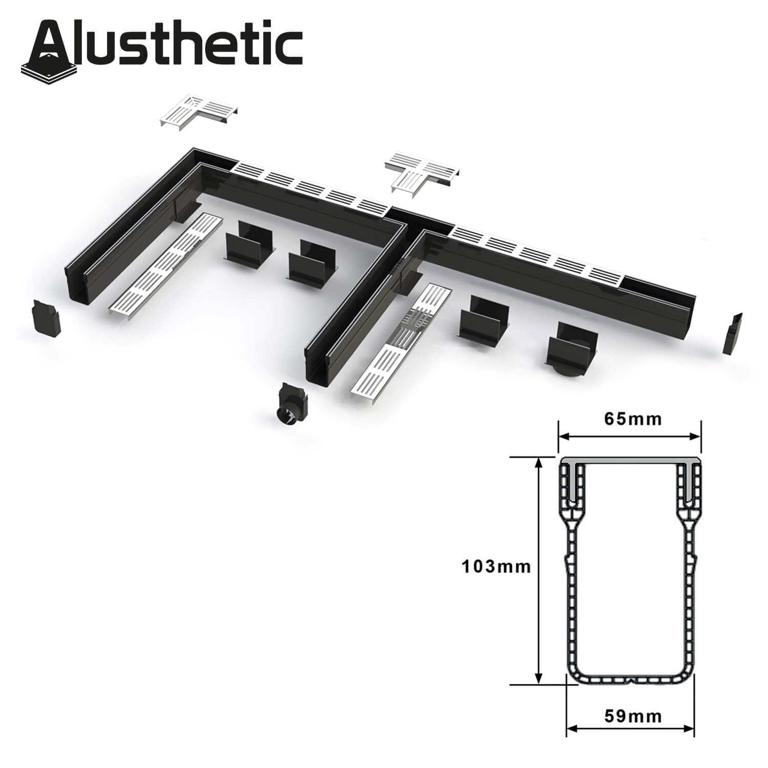 Channel drainage components with dimensions on a white background, branded 'Alusthetic'.