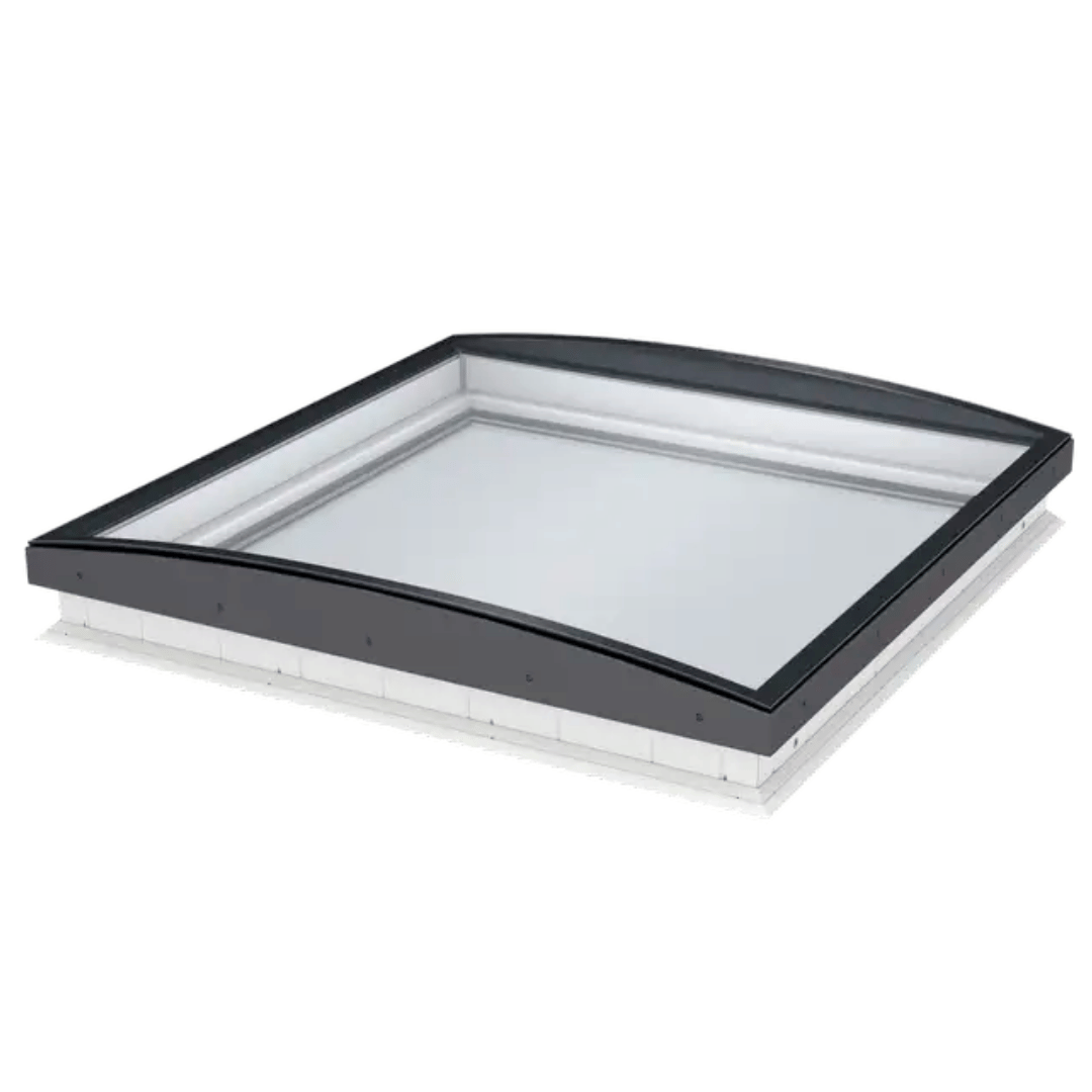 A square skylight or window vent with a black frame and clear glass panels, shown at an angle on a white background.