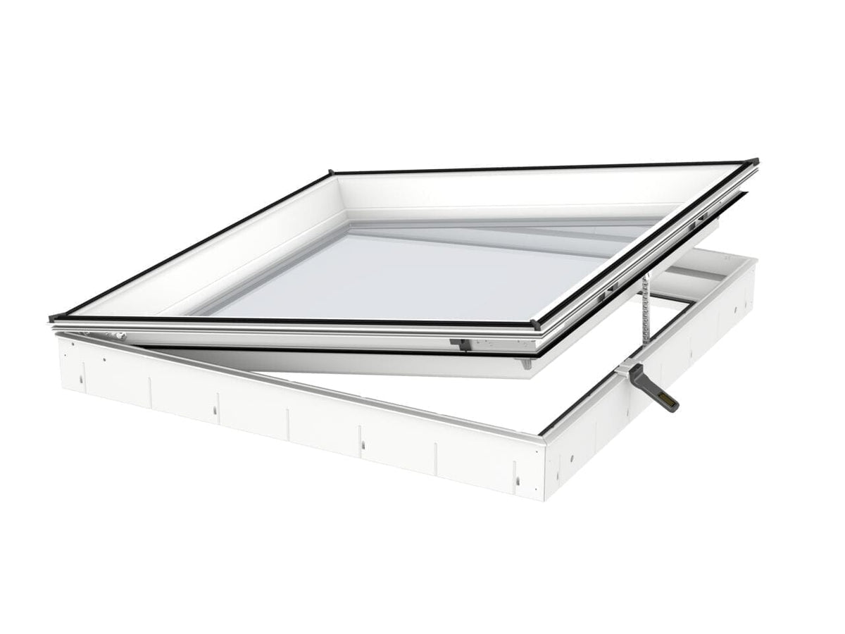 A VELUX flat base rooflight with an opaque dome, suitable for installation in flat roofs.