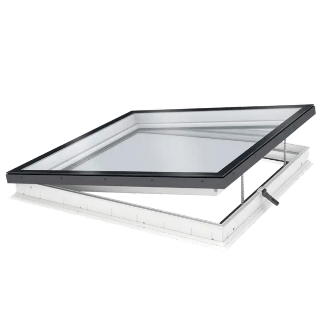 A skylight window with a black frame and clear glass, shown partially open on a white support frame against a white background.