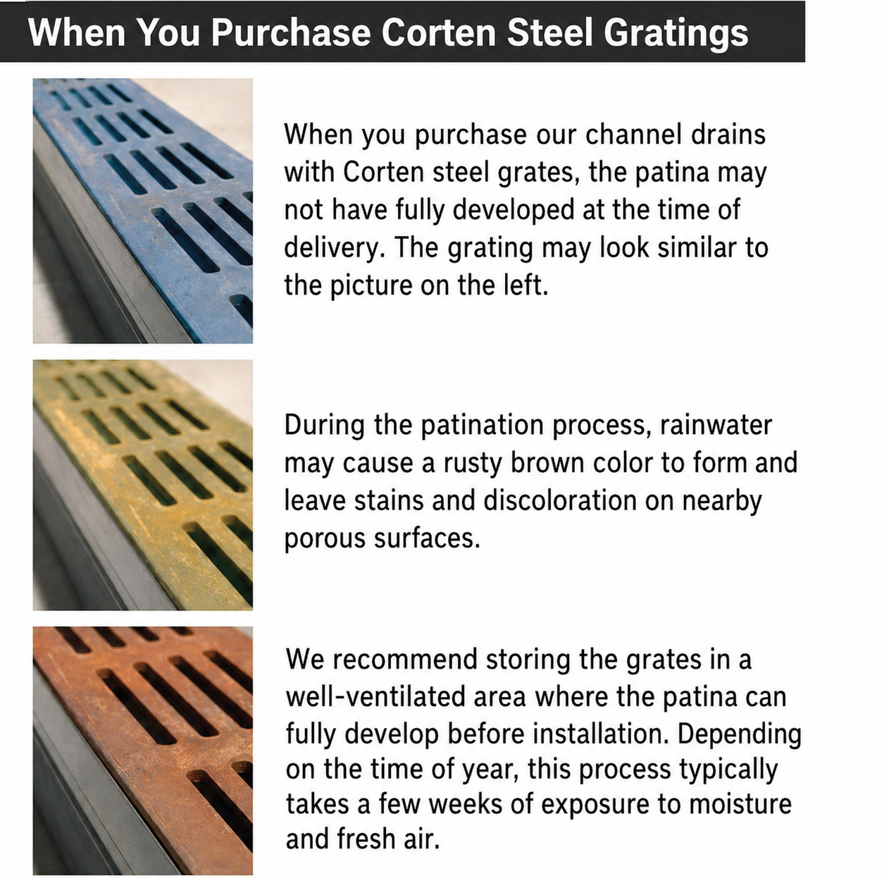 CorTen steel grating with text explaining patination process and storage recommendations.