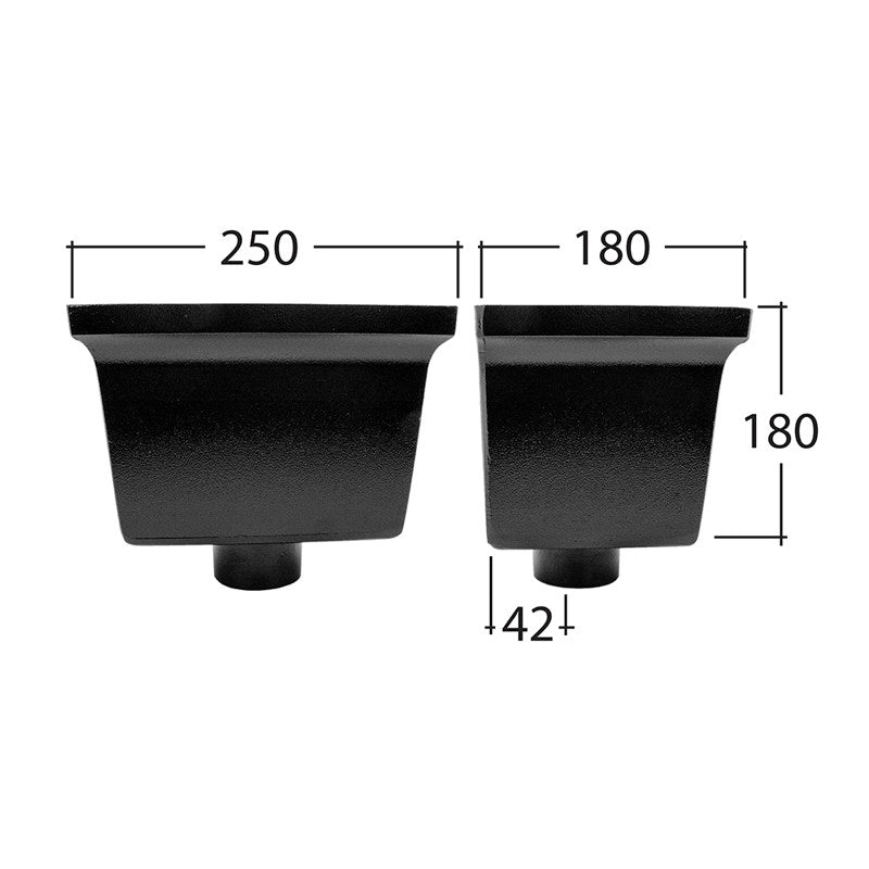 Black aluminium square drain hopper for 72x72mm downpipes with measurement annotations