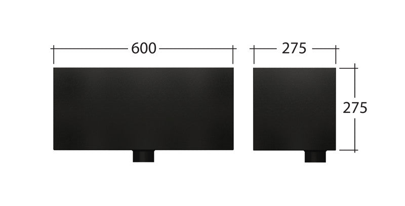 Extended black aluminium hopper showing detailed 72x72mm measurements