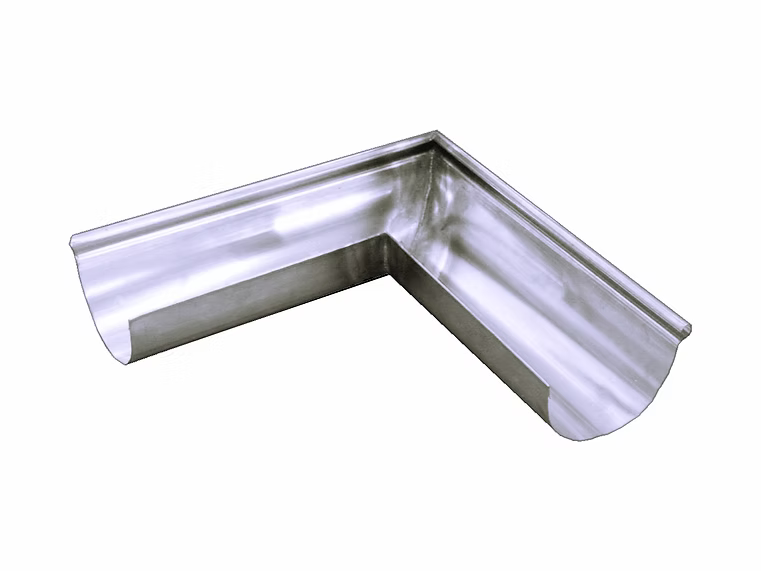 Metal Gutta zinc 125mm half round 90-degree external corner gutter for connecting gutter runs around corners.