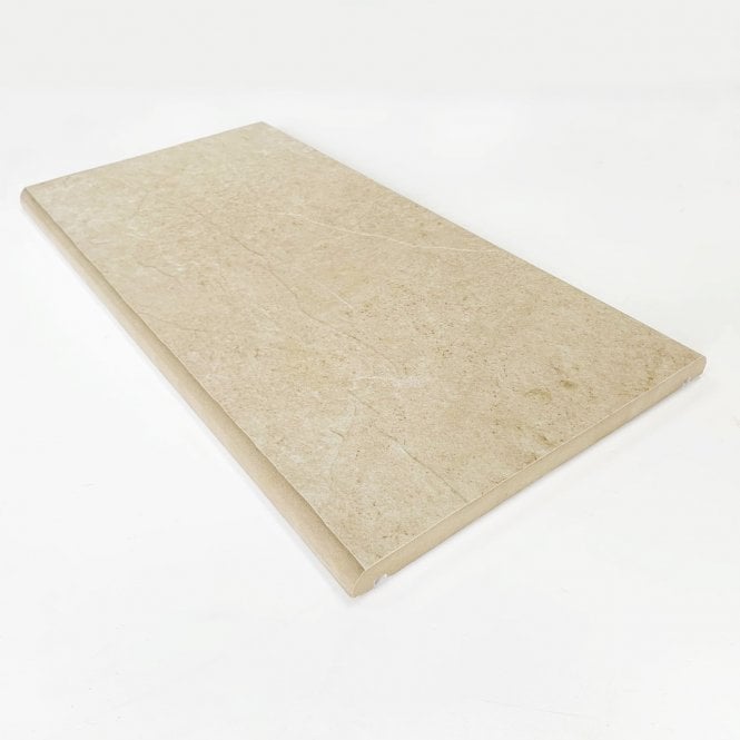 300mm x 600mm Castle Hammerstone Beige porcelain coping stone highlighting underside drip grooves