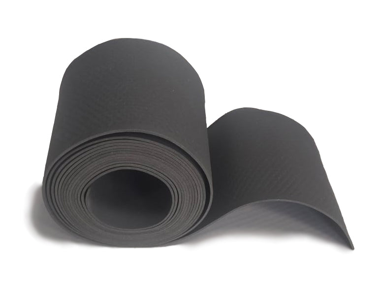 A roll of dark grey roofroll Slate EPDM flashing partially unrolled to show its smooth texture.