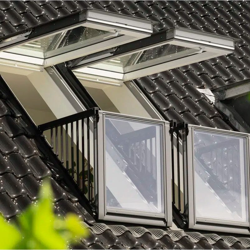 VELUX Cabrio balcony windows open on a tiled roof