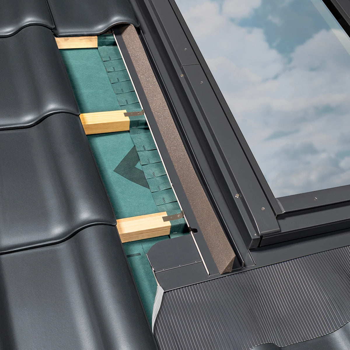 Roof window flashing kit fitted to high profile interlocking tiles