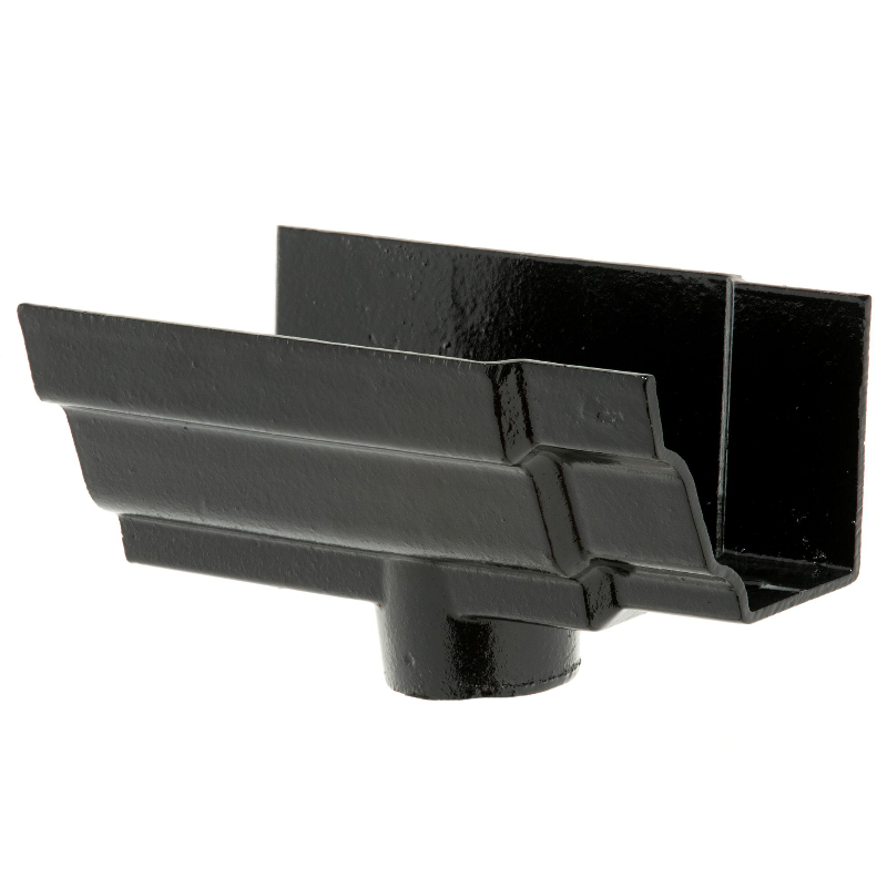 A black cast iron 75mm H16 gutter nozzle with a solid pattern.