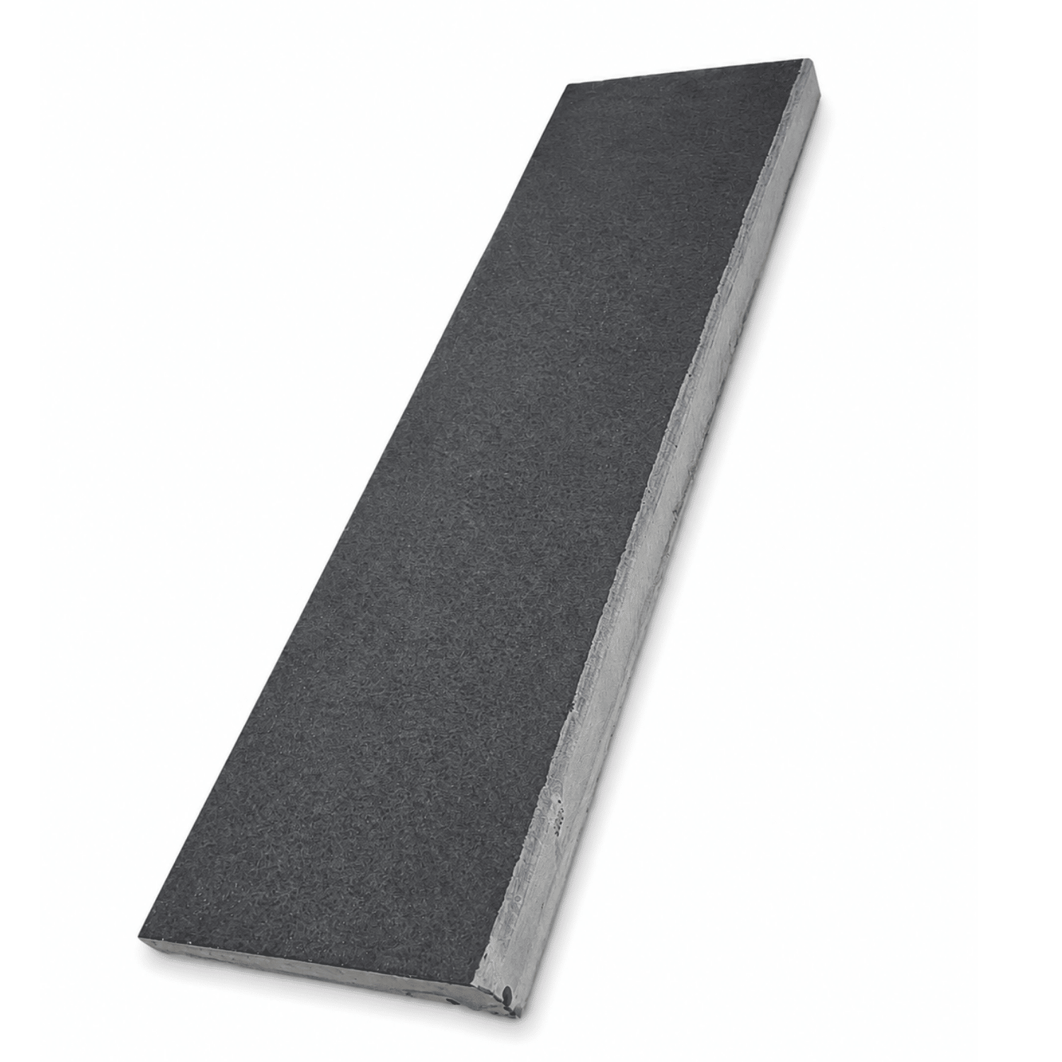 A rectangular dark grey stone with a textured surface and a light grey side edge, shown at an angle on a white background.