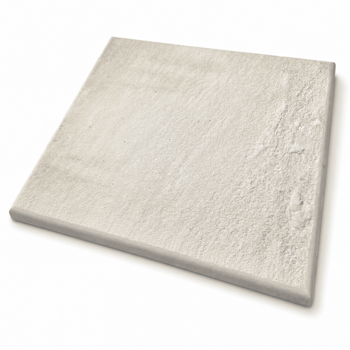 A square stone tile with a textured, mat finish in a light gray colour, shown at an angle on a white background.